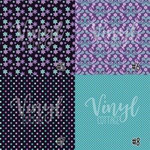 May include: Four different seamless patterns in a collage. The top left pattern is a dark purple background with small light blue and purple flowers. The top right pattern is a dark purple background with a paisley design in light blue and purple. The bottom left pattern is a dark purple background with small light blue and purple polka dots. The bottom right pattern is a light blue background with small light blue and purple polka dots. The patterns are labeled #5, #6, #7, and #8.