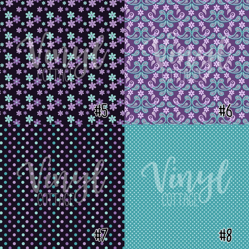 May include: Four different seamless patterns in a collage. The top left pattern is a dark purple background with small light blue and purple flowers. The top right pattern is a dark purple background with a paisley design in light blue and purple. The bottom left pattern is a dark purple background with small light blue and purple polka dots. The bottom right pattern is a light blue background with small light blue and purple polka dots. The patterns are labeled #5, #6, #7, and #8.