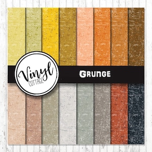 May include: A set of 16 digital paper textures in various shades of yellow, orange, brown, gray, and blue. The textures have a grunge effect, with a distressed, worn look. The papers are labeled "Vinyl Cottage Grunge".