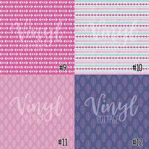 May include: Four digital paper designs, each with a different pattern. The top left design is pink with a white geometric pattern. The top right design is white with a pink and blue geometric pattern. The bottom left design is pink with a white leaf pattern. The bottom right design is blue with a white leaf pattern. Each design is labeled with a number.