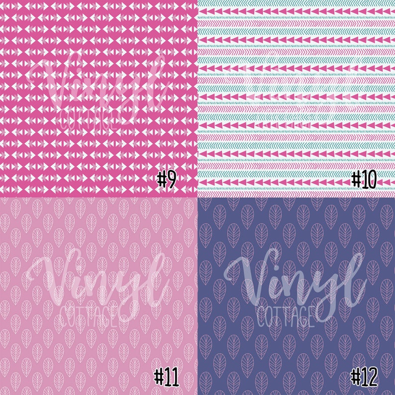 May include: Four digital paper designs, each with a different pattern. The top left design is pink with a white geometric pattern. The top right design is white with a pink and blue geometric pattern. The bottom left design is pink with a white leaf pattern. The bottom right design is blue with a white leaf pattern. Each design is labeled with a number.