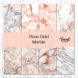 May include: A set of six digital paper designs featuring a white marble background with rose gold veining. The papers are labeled "Rose Gold Marble" and "Vinyl Cottage".