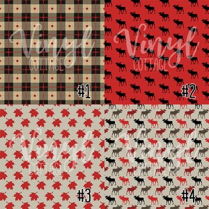 Peut inclure: Quatre motifs de papier num&eacute;rique pr&eacute;sentant diff&eacute;rents motifs. Le premier motif est un motif &agrave; carreaux rouge et noir. Le deuxi&egrave;me motif est un fond rouge avec des silhouettes de moose noires. Le troisi&egrave;me motif est un fond beige avec des feuilles d'&eacute;rable rouges. Le quatri&egrave;me motif est un fond beige avec des silhouettes de moose noires, rouges et grises.