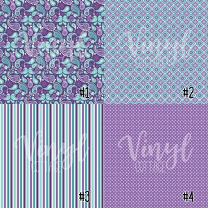 May include: Four different purple and teal patterned digital paper designs. The first design features a paisley pattern, the second a geometric pattern, the third a striped pattern, and the fourth a polka dot pattern. Each design is labeled with a number from 1 to 4.
