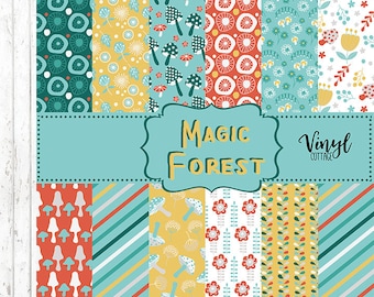 Magic Forest Print Vinyl, Woodsy Print HTV, Mushroon Pattern Heat Transfer Vinyl, Flower Printed Adhesive Vinyl, Stripes Craft Vinyl