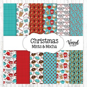 May include: Digital paper pack with 8 different Christmas themed patterns. The patterns include red and white candy canes, red and white polka dots, brown coffee beans, red and white plaid, red and white coffee cups, and donuts with red and white candy canes. The text "Christmas Mints & Mocha" and "Vinyl Cottage" is included in the image.