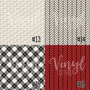 Peut inclure: Quatre motifs diff&eacute;rents pour des projets d'artisanat. Le motif en haut &agrave; gauche est un fond beige avec un motif r&eacute;p&eacute;t&eacute; de croissant brun clair. Le motif en haut &agrave; droite est un fond beige avec un motif r&eacute;p&eacute;t&eacute; de chevron brun. Le motif en bas &agrave; gauche est un tissu &eacute;cossais noir et blanc avec un fil dor&eacute;. Le motif en bas &agrave; droite est un fond rouge avec un motif r&eacute;p&eacute;t&eacute; de chevron noir. Les num&eacute;ros 13, 14, 15 et 16 sont dans le coin inf&eacute;rieur droit de chaque motif.