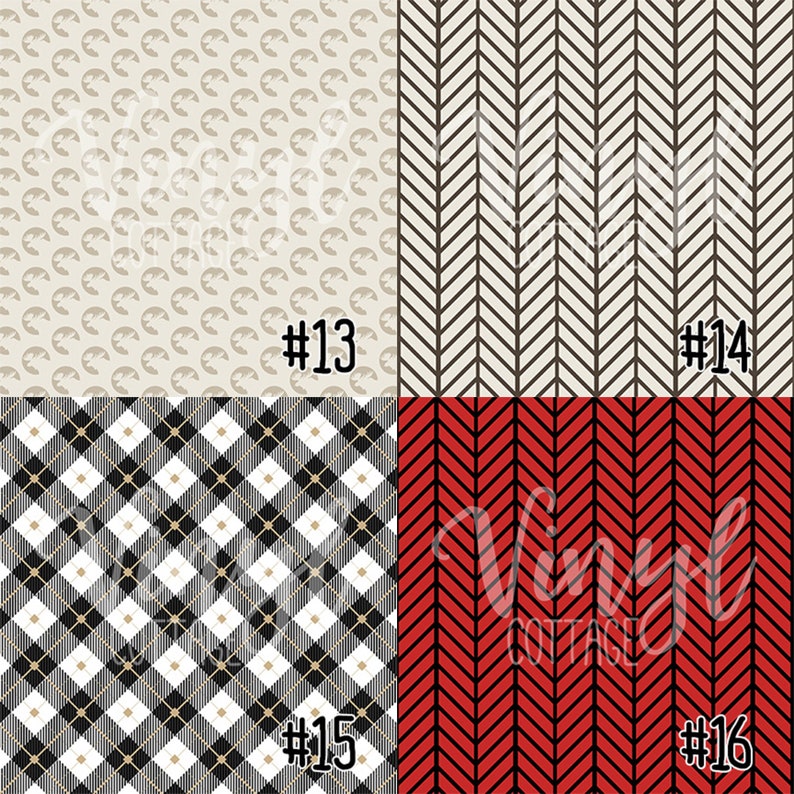 Peut inclure: Quatre motifs diff&eacute;rents pour des projets d'artisanat. Le motif en haut &agrave; gauche est un fond beige avec un motif r&eacute;p&eacute;t&eacute; de croissant brun clair. Le motif en haut &agrave; droite est un fond beige avec un motif r&eacute;p&eacute;t&eacute; de chevron brun. Le motif en bas &agrave; gauche est un tissu &eacute;cossais noir et blanc avec un fil dor&eacute;. Le motif en bas &agrave; droite est un fond rouge avec un motif r&eacute;p&eacute;t&eacute; de chevron noir. Les num&eacute;ros 13, 14, 15 et 16 sont dans le coin inf&eacute;rieur droit de chaque motif.