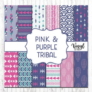 May include: A set of 12 digital papers featuring pink and purple tribal patterns. The papers include geometric designs, arrows, feathers, and leaves. The text "Pink & Purple Tribal" is displayed in a white banner.