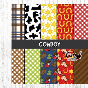 May include: A set of 10 digital papers with cowboy themed patterns. The patterns include plaid, cow print, stars, horseshoes, and more. The papers are perfect for scrapbooking, card making, and other crafting projects.
