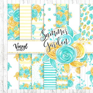 May include: A set of 10 digital paper patterns featuring watercolor floral designs in shades of turquoise and gold. The patterns include stripes, polka dots, and floral arrangements. The text "Summer Garden" is featured on the image.