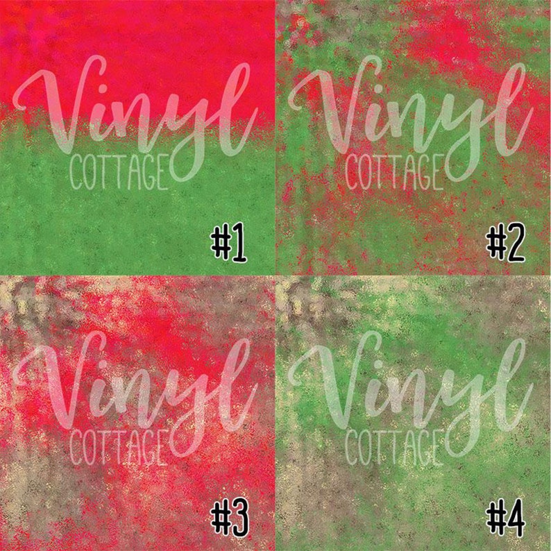 May include: Four digital paper designs with a red and green distressed background. The designs are labelled #1, #2, #3, and #4. The text "Vinyl Cottage" is on each design.
