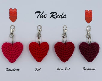 Handcrafted Crochet Heart Clasp Keyring - The Reds - 60 Colours Available - Valentines - Christmas Gift - Present Loved One