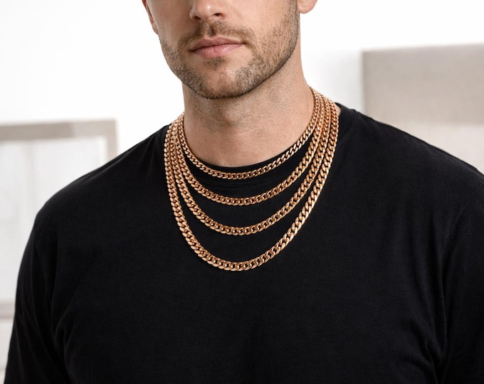 7MM 18K Rose Gold Cuban Link Chain: Stainless Steel Curb Necklace
