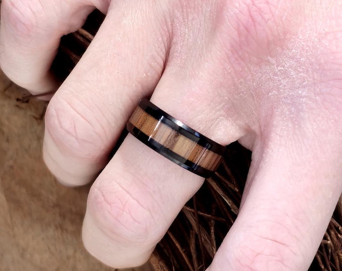 Unique Mens Rustic Wedding Band  Black Stainless Steel with Light Wood Inlay  Handmade Anniversary Gift for Him
