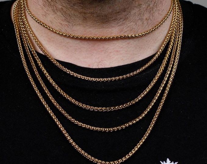 3MM 18K Gold Wheat Chain Necklace, Stainless Steel Necklace Men, Stainless Steel Chain Necklace, Mens Necklace Stainless Steel