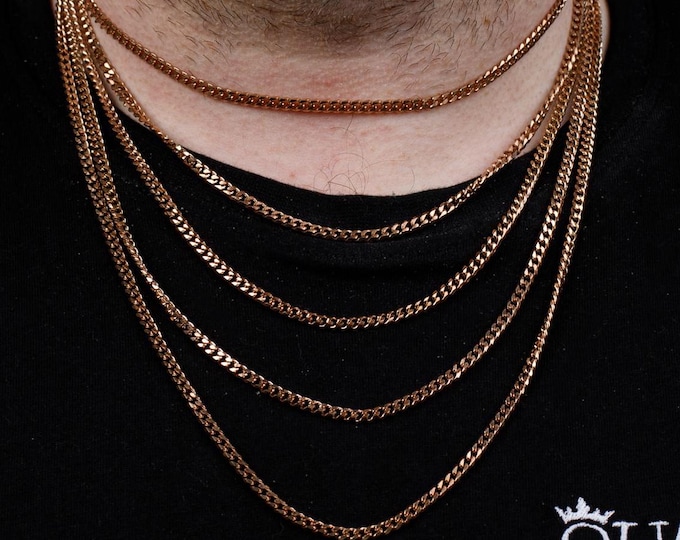 3.5MM 18K Rose Gold Chain Necklace, Miami Cuban Link Chain, Rose Gold Cuban Link Necklace, Stainless Steel, Cuban Curb Chain Necklace Plated