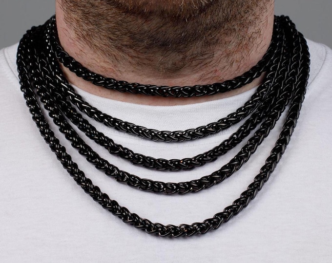 7MM Black Wheat Chain Necklace, 316L Stainless Steel, Waterproof, Non-Tarnish, Gift for Him or Her