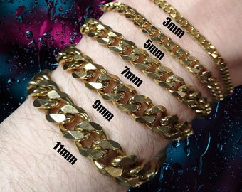 Bracelet à maillons Miami Cuban en or 18 carats : chaîne en acier inoxydable