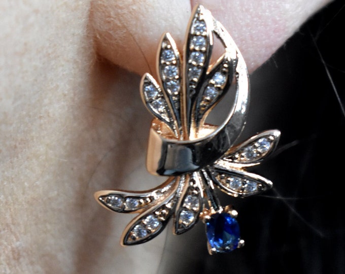 14K Gold Rose Flower Leaf Drop Earrings, Blue Cubic Zirconia, Authentic Irish Jewellery from Northern Ireland
