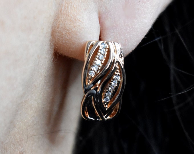 14K Rose Gold Long Drop Dangle Oval Leaf Earrings, Cubic Zirconia - Valentine's Day Gift, Authentic Irish Jewellery from Northern Ireland