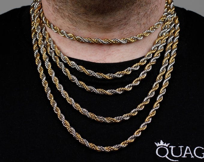 6MM Gold and Silver Rope Chain, Two Tone Necklace with 316L Stainless Steel, Waterproof, Non-Tarnish, Gift for Him or Her