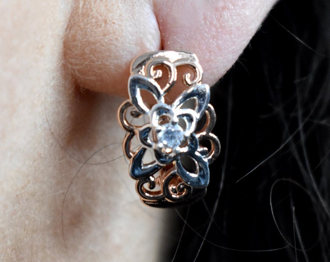 4K Rose Gold Drop Dangle Square Flower Earrings, Cubic Zirconia - Valentine's Day Gift, Authentic Irish Jewellery from Northern Ireland