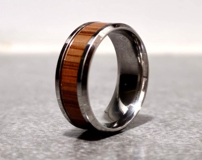 Wood Inlay Silver Ring: Stainless Steel Comfort Fit Band
