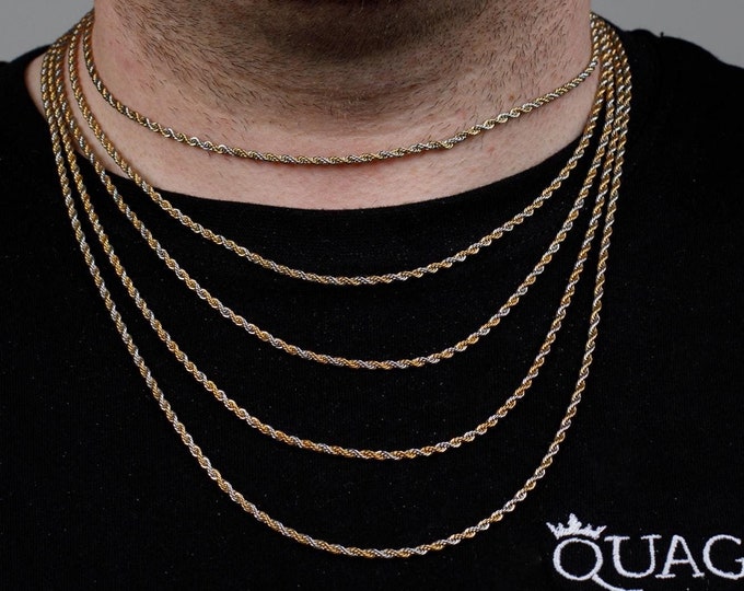 2MM Gold and Silver Rope Chain, Two Tone Necklace, 316L Stainless Steel, Waterproof, Non-Tarnish, Gift for Him or Her