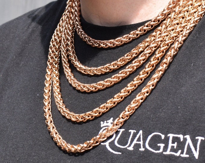 7MM 18K Rose Gold Wheat Chain Necklace, Stainless Steel Necklace Men, Stainless Steel Chain Necklace, Mens Necklace Stainless Steel