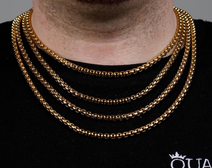 18K Gold Box Chain Necklace for Men, Durable & Stylish 5MM Round Gold Plated Stainless Steel Chain, Perfect Gift for Him