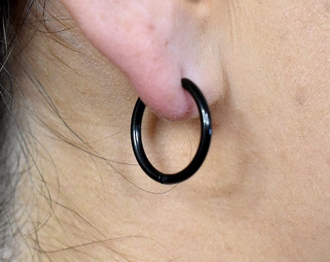 16MM Black Hoop Earrings, Lightweight, Hypoallergenic, Stainless Steel, Everyday Wear