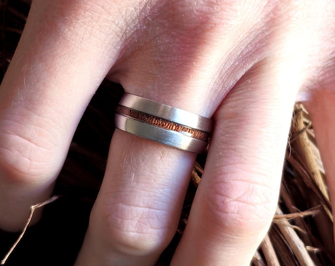 Handcrafted Wood Print Silver Ring with Wood Inlay - Unique Men's Silver Band - Perfect Valentine's Day Gift - 8MM