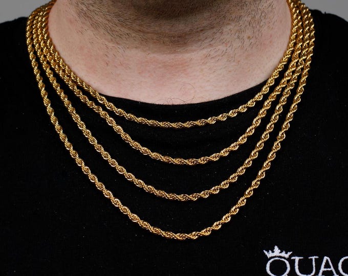 4MM 18K Gold Rope Chain, Twist Necklace Chain, Mens Chain Necklaces, Gold Chains for Men, Gold Plated, Gold Plated, Gold Twisted Chain