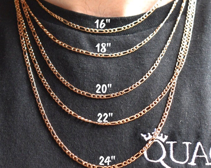 3MM 18K Rose Gold Figaro Chain, Figaro Style Chain, Stainless Steel Chain Necklace, Stainless Steel, Gold Plated, Gold Chain for Men