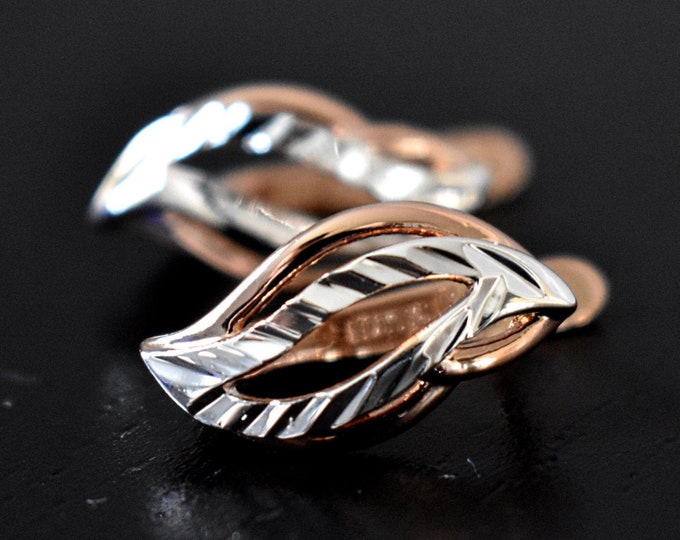14K Rose Gold Silver Leaf Stud Earrings, Geometric, Authentic Irish Jewellery from Northern Ireland