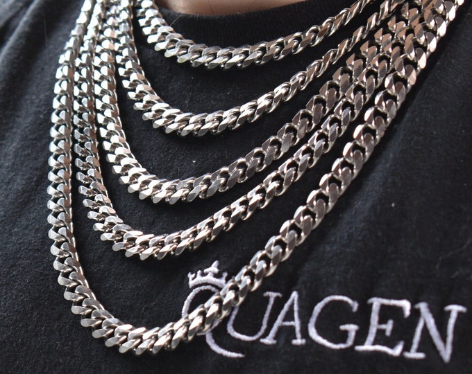 9MM Silver Chain, Miami Cuban Link Chain, Silver Cuban Link Necklace, Stainless Steel, Cuban Curb Chain Necklace, Cuban Necklace Men