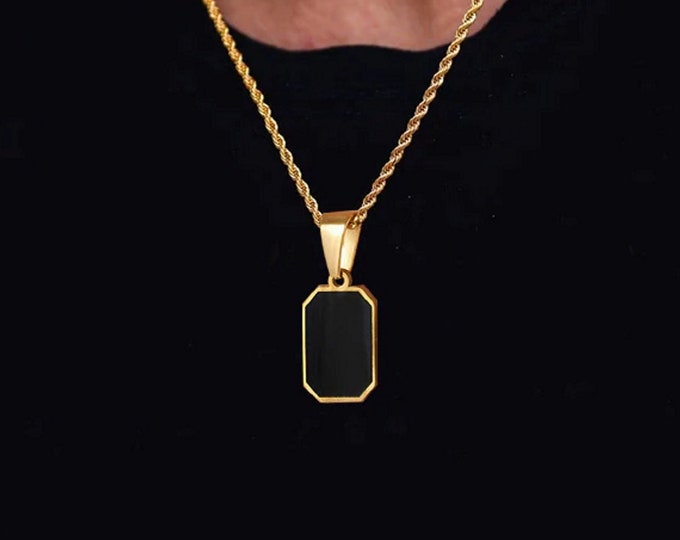 Black Charm Necklace Onyx Square Pendant Necklace Waterproof Necklace Statement Layering Necklace Trendy Black Pendant Classic Gold Necklace