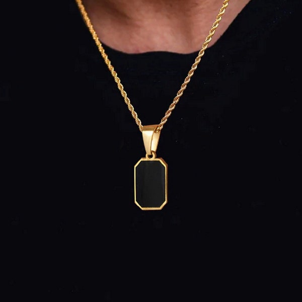 Black Charm Necklace Onyx Square Pendant Necklace Waterproof Necklace Statement Layering Necklace Trendy Black Pendant Classic Gold Necklace