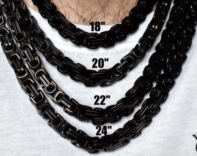 8MM Black Royal Byzantine Chain Necklace, 316L Stainless Steel, Authentic Irish Jewellery from Northern Ireland
