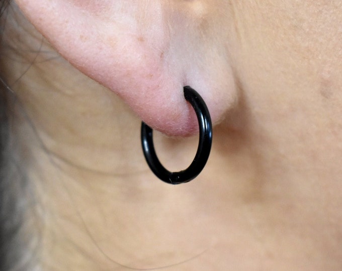12MM Black Hoop Earrings, Lightweight, Hypoallergenic, Stainless Steel, Everyday Wear