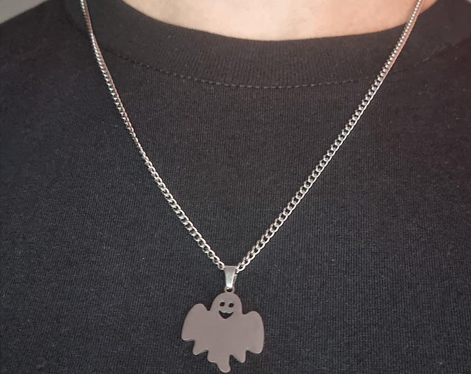 Ghost Pendant Necklace: Stainless Steel Charm on 50cm Chain