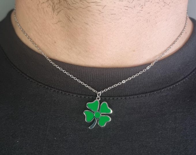 Four-Leaf Clover Pendant Necklace – Stainless Steel Green Shamrock, 45 cm Chain, Gold & Silver