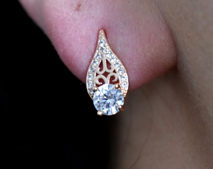14K Rose Gold Earrings, Oval Geometric Stud Earrings, Cubic Zirconia - By Quagen
