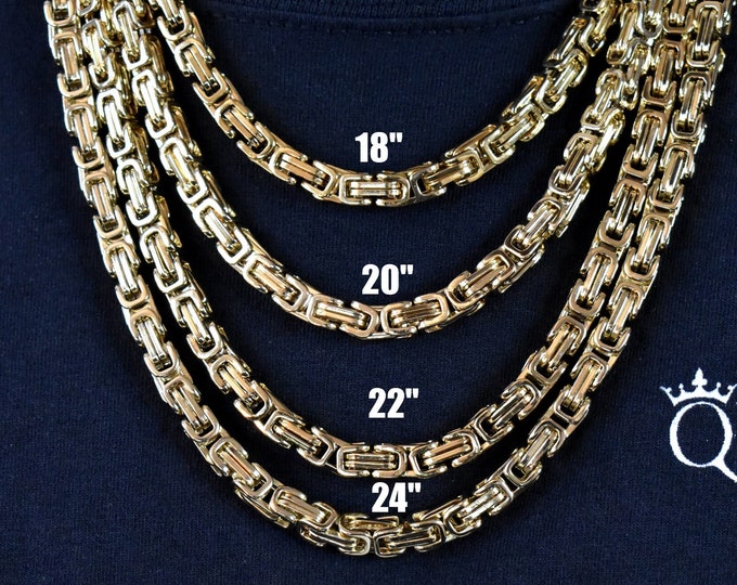 6MM 18K Royal Byzantine Gold Chain, Hypoallergenic Necklace, Gift for Him or Her