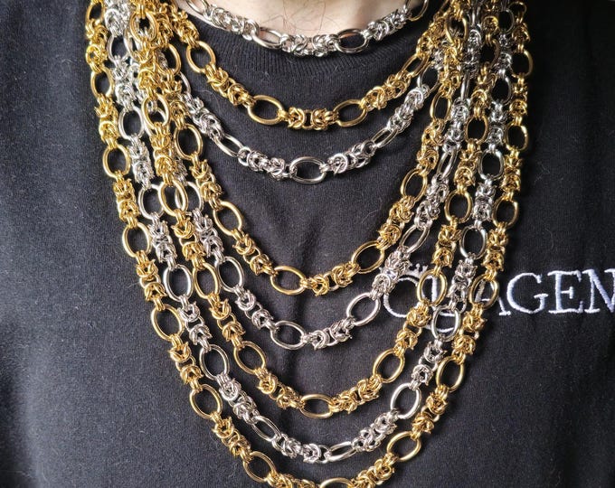 10MM Woven Royal Byzantine Chain, Lantern Chain Necklace, Gold & Silver, Steel Core, Hypoallergenic by Quagen