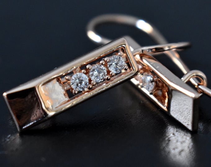 14K Rose Gold Earrings, Rectangle Earrings with Circle Cubic Zircon, Formal Earrings, Earrings for Women, Rose Gold Jewelry - Christmas Gift
