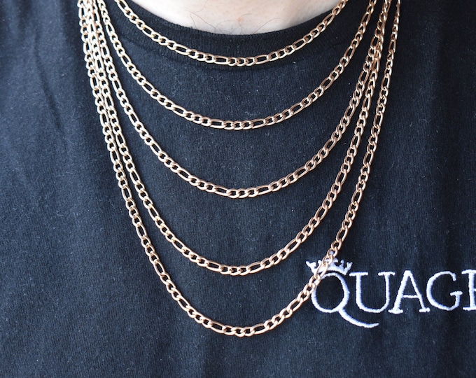 4.5MM Rose Gold Figaro Chain Necklace, 316L Stainless Steel, Waterproof, Non-Tarnish, Gift for Him or Her