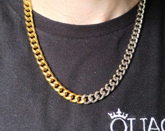 Two Tone Chain Necklace, 5MM Silver and Gold Cuban Curb Link Chain Necklace - Jewelry  - Irish Silver and Gold