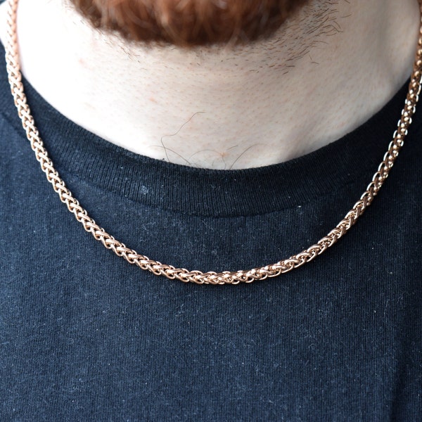5MM 18K Rose Gold Wheat Chain Necklace: Stainless Steel Men's Necklace